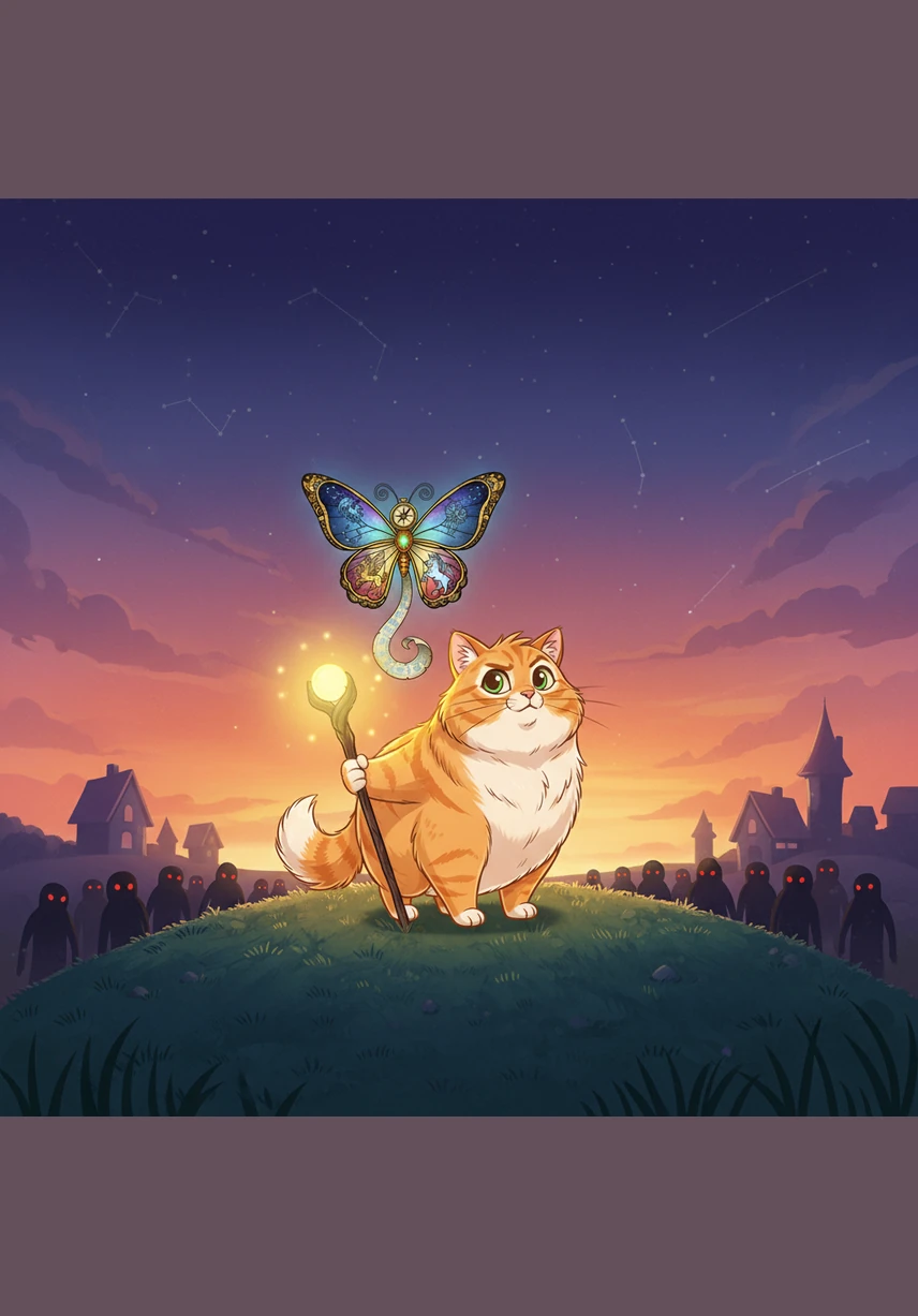 From the top of a small hill, Barnaby saw the familiar red roof of his cottage glowing under the bright moon. The butterfly gave one last playful flutter before disappearing into the deep purple night sky.