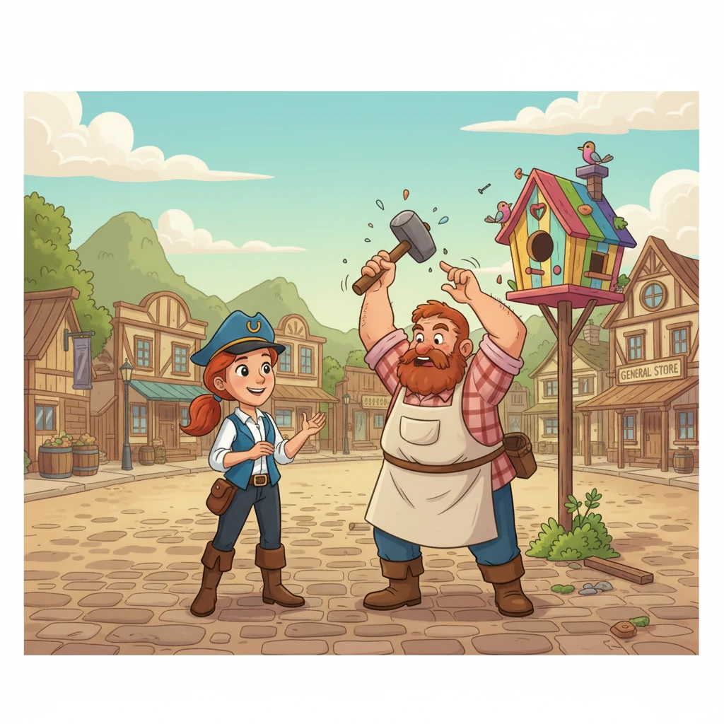 Lexi arrived at the village, where a peculiar carpenter was trying to hit the nail on the head. He struggled to hammer the last nail into the birdhouse. Lexi, using her knowledge of idioms, helped the carpenter, making the birdhouse and them friends, they quickly understood each other.