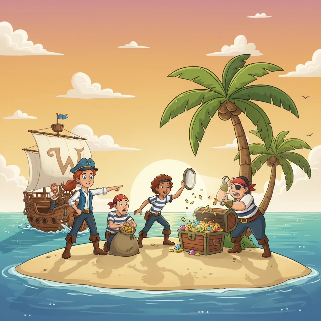 The crew continued their quest to help people. They encountered two mischievous pirates attempting to steal treasure. Lexi suggested a clever solution to kill two birds with one stone: distract the pirates and save the treasure. Their teamwork helped everyone.