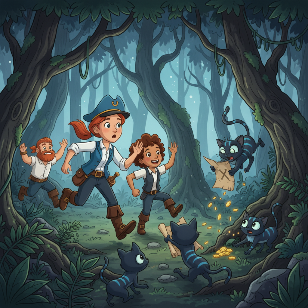 In the dark forest of the island, a secret meeting of the cat-like creatures. Lexi met a creature that was about to let the cat out of the bag! They were hiding a secret treasure map. This lead to a hilarious chase through the island.