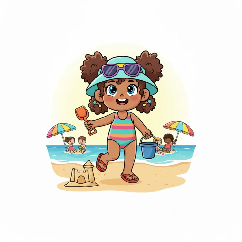The sun shone brightly as Sandy arrived at the bustling beach, her trusty bucket and shovel clutched tight. Her eyes sparkled with a grand vision: to build the most magnificent sandcastle the shore had ever seen. With a happy skip, she found the perfect sandy spot near the gentle waves.