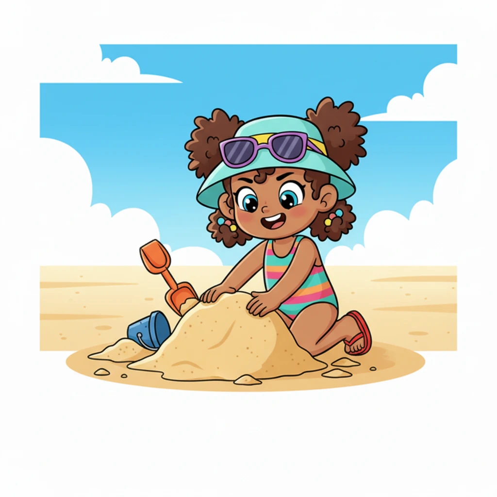Sandy knelt down, scooping huge piles of wet sand with great determination. She molded the base, pressing and patting with focused effort, a little curl of hair bouncing as she worked. This was going to be a truly impressive foundation for her sandy masterpiece.