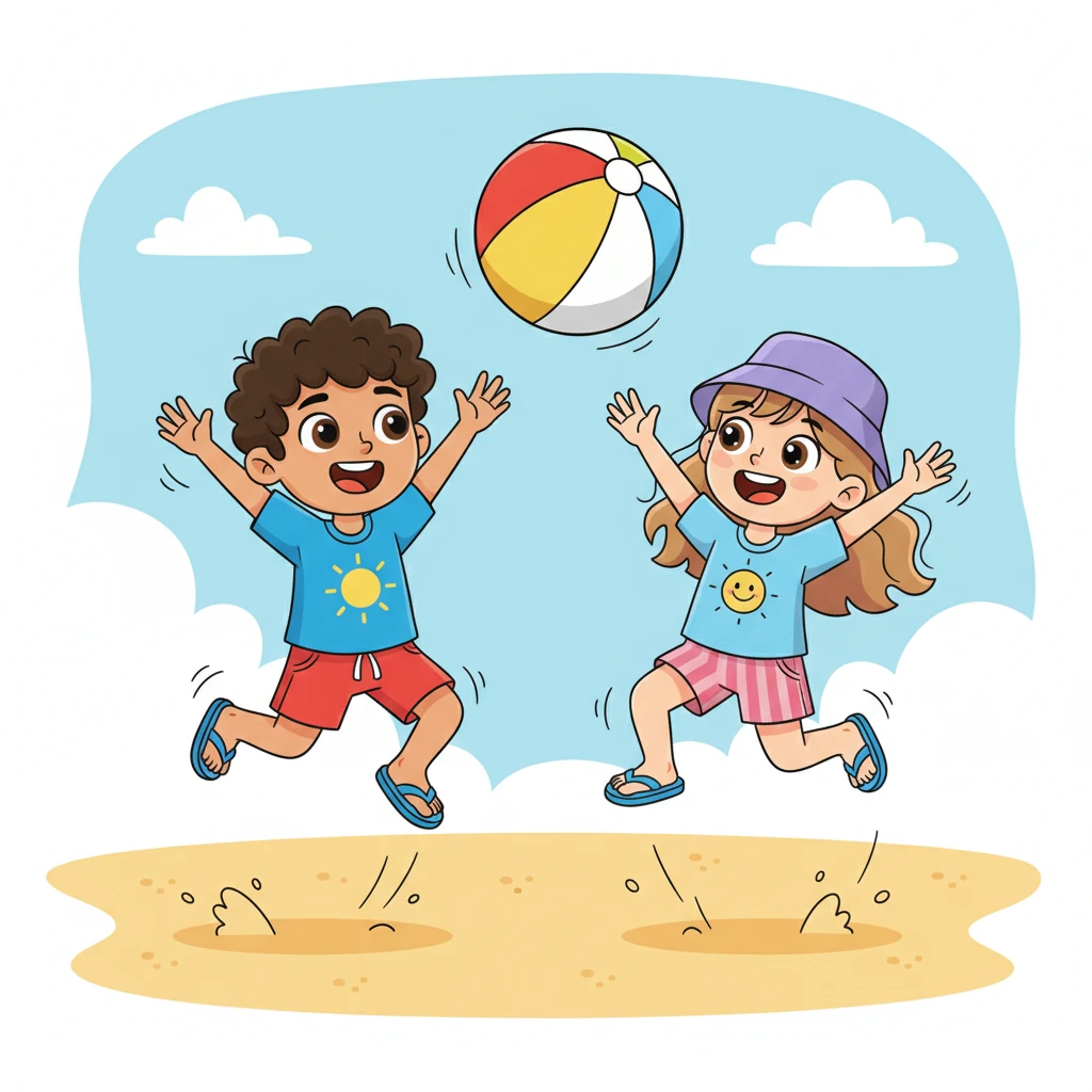Nearby, Sam and Lara were having an absolute blast, giggling loudly as they bounced a giant, striped beach ball between them. Their arms swung wildly, their feet kicking up little puffs of sand with every energetic leap. The air was filled with their joyful shouts and the happy thud of the ball.