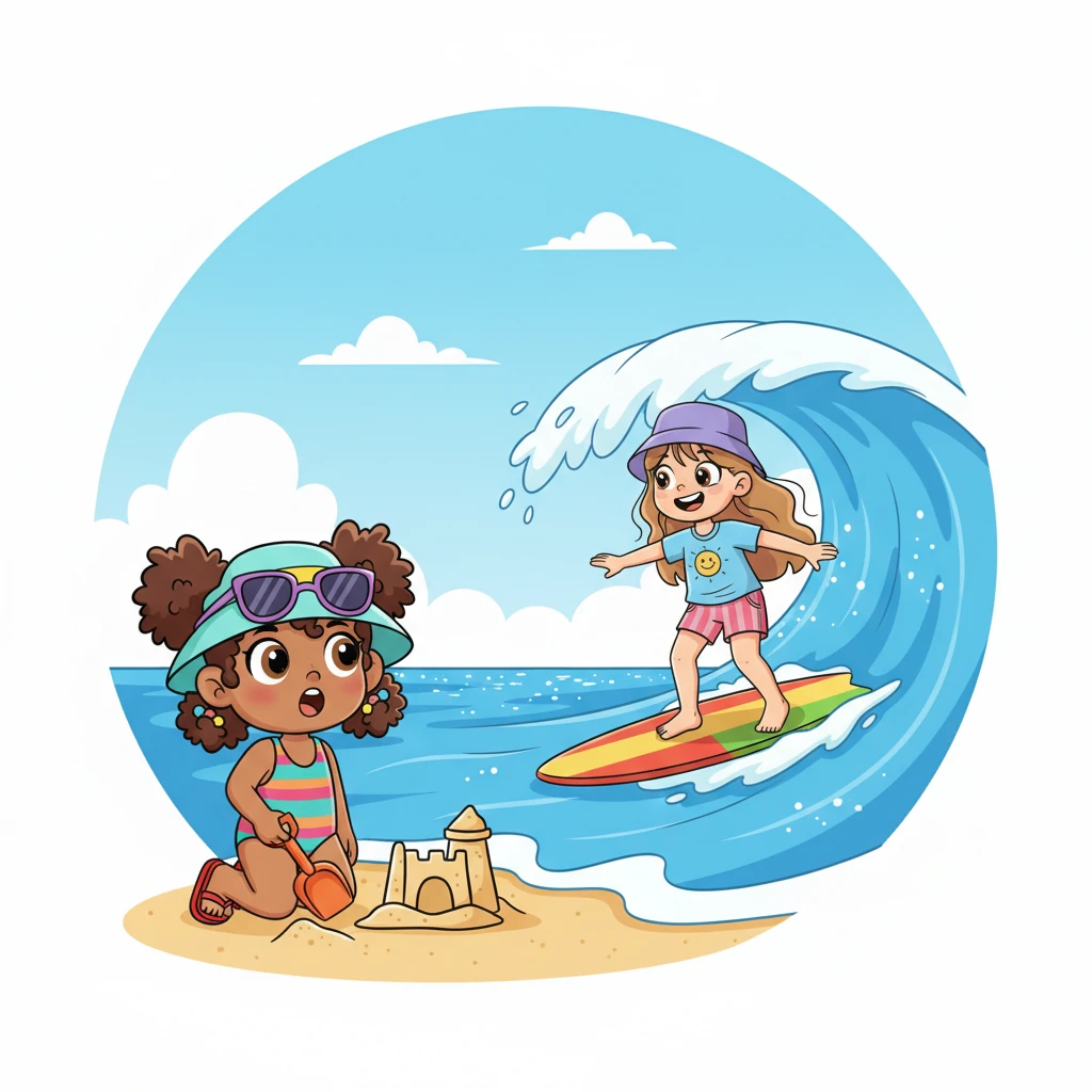 Out on the sparkling blue ocean, a cool young lady gracefully rode a towering wave, her surfboard a colorful streak against the water. She leaned into the curve of the swell, a picture of effortless joy and daring. Sandy paused her building for a moment, watching in awe as the surfer glided by.