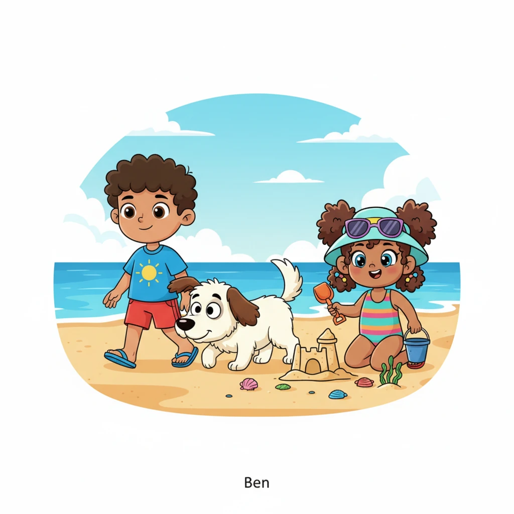 Along the water's edge, Ben strolled leisurely, his fluffy, floppy-eared dog, Buster, trotting happily beside him. Buster sniffed at every interesting shell and seaweed patch, his tail wagging like a joyful pendulum. He cast a curious glance towards Sandy's growing sandcastle, tempted by the fresh sand.