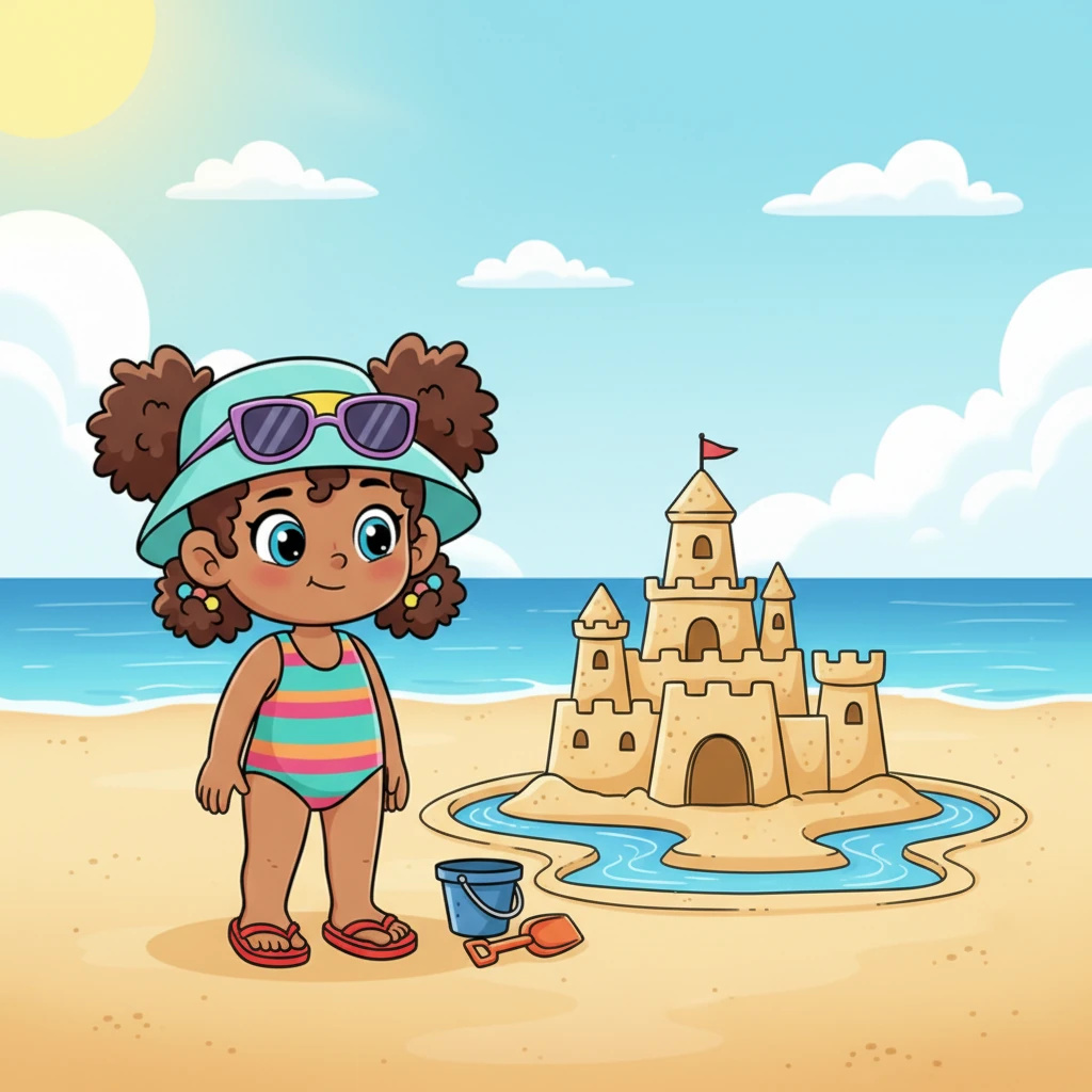 Sandy finally completed the main structure of her castle, complete with tall towers and a winding moat. She stepped back, admiring her work with a proud smile, but a tiny sigh escaped her lips. It was beautiful, but felt a little lonely, missing something special.