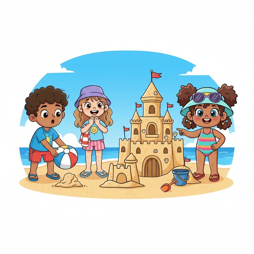 Suddenly, Sam and Lara's beach ball took an unexpected bounce and rolled right towards Sandy's sandcastle! They rushed over, exclaiming apologies as they retrieved their ball. But then, their eyes widened as they saw Sandy's incredible creation, truly impressed by its size and detail.