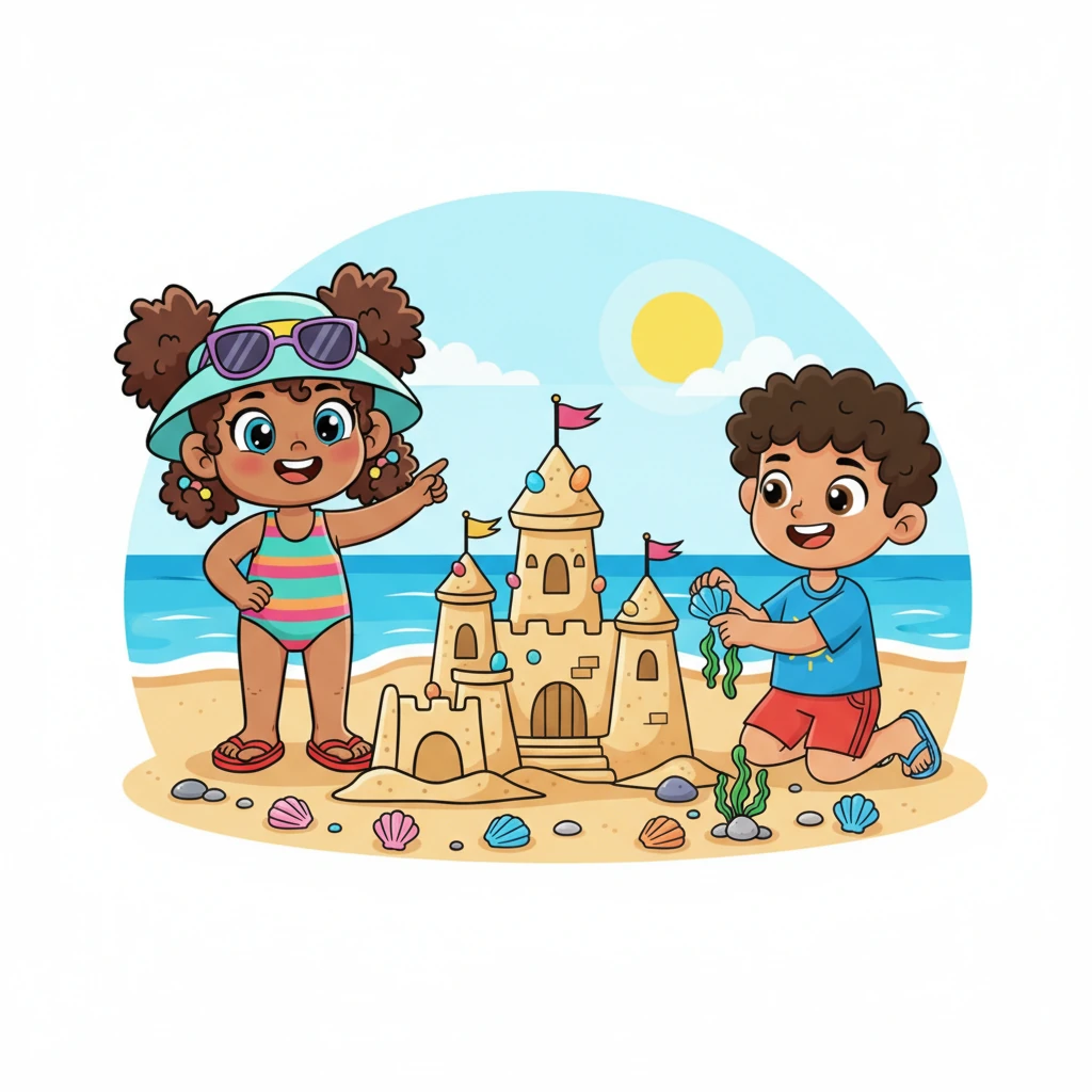 "Wow, that's amazing!" Sam exclaimed, and Lara nodded enthusiastically. Seeing Sandy's slightly wistful expression, they quickly offered to help decorate. Together, they gathered colorful shells, smooth pebbles, and strands of green seaweed, transforming the castle into an even grander fortress.