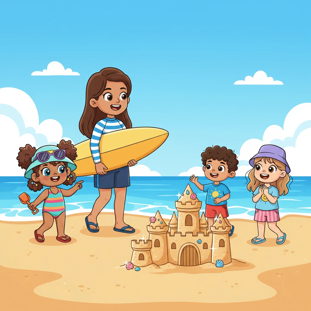 The surfer lady, having caught her last exhilarating wave, paddled back to shore, her board tucked under her arm. As she walked up the beach, a wide smile spread across her face. She spotted the magnificent, sparkling sandcastle, now adorned with treasures, and the three cheerful children gathered around it.
