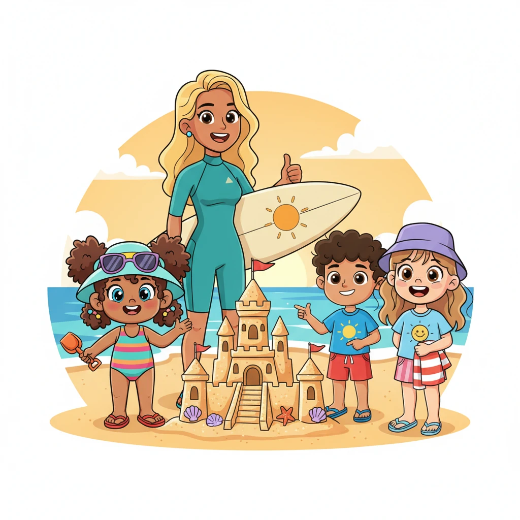 Everyone gathered around the magnificent, sparkling sandcastle, a true masterpiece of teamwork and friendship. Sandy, Sam, and Lara beamed with pride, their creation a highlight of the perfect summer day. The surfer lady gave them a thumbs-up, celebrating their wonderful beach adventure together.