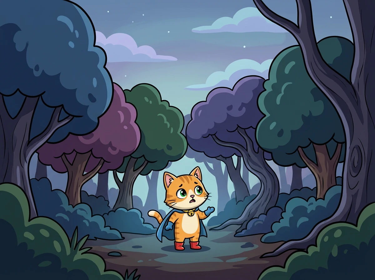 Tiba-tiba, Mimi menyadari bahwa ia telah tersesat! Ia mencoba mencari jalan pulang, tetapi hutan semakin gelap dan menakutkan.