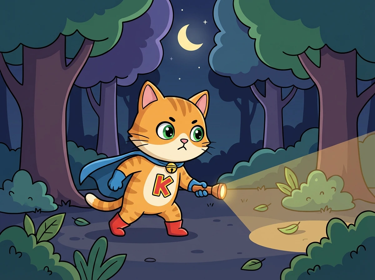 Dengan jantung berdebar kencang, Kiko memberanikan diri keluar rumah. Ia membawa senter kecil dan mulai mencari Mimi di hutan yang gelap.