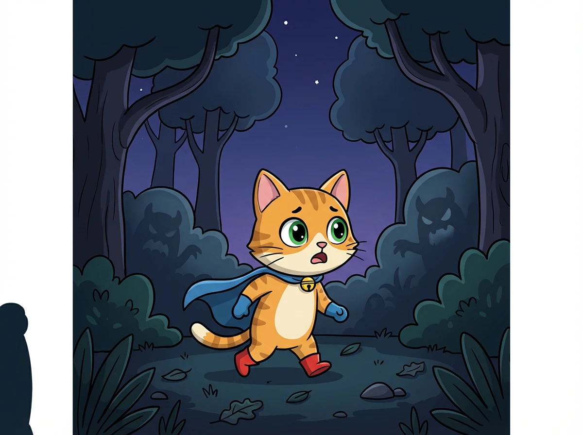 Kiko berjalan dengan hati-hati, memanggil nama Mimi. Ia melewati pohon-pohon tinggi dan semak-semak yang tampak seperti monster dalam kegelapan.