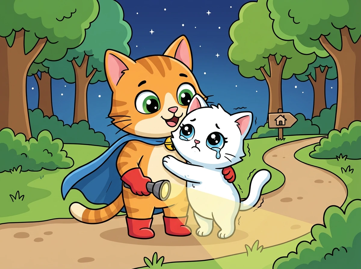 Kiko memeluk Mimi dan menenangkannya. Ia menyalakan senternya dan menunjukkan jalan pulang kepada Mimi.