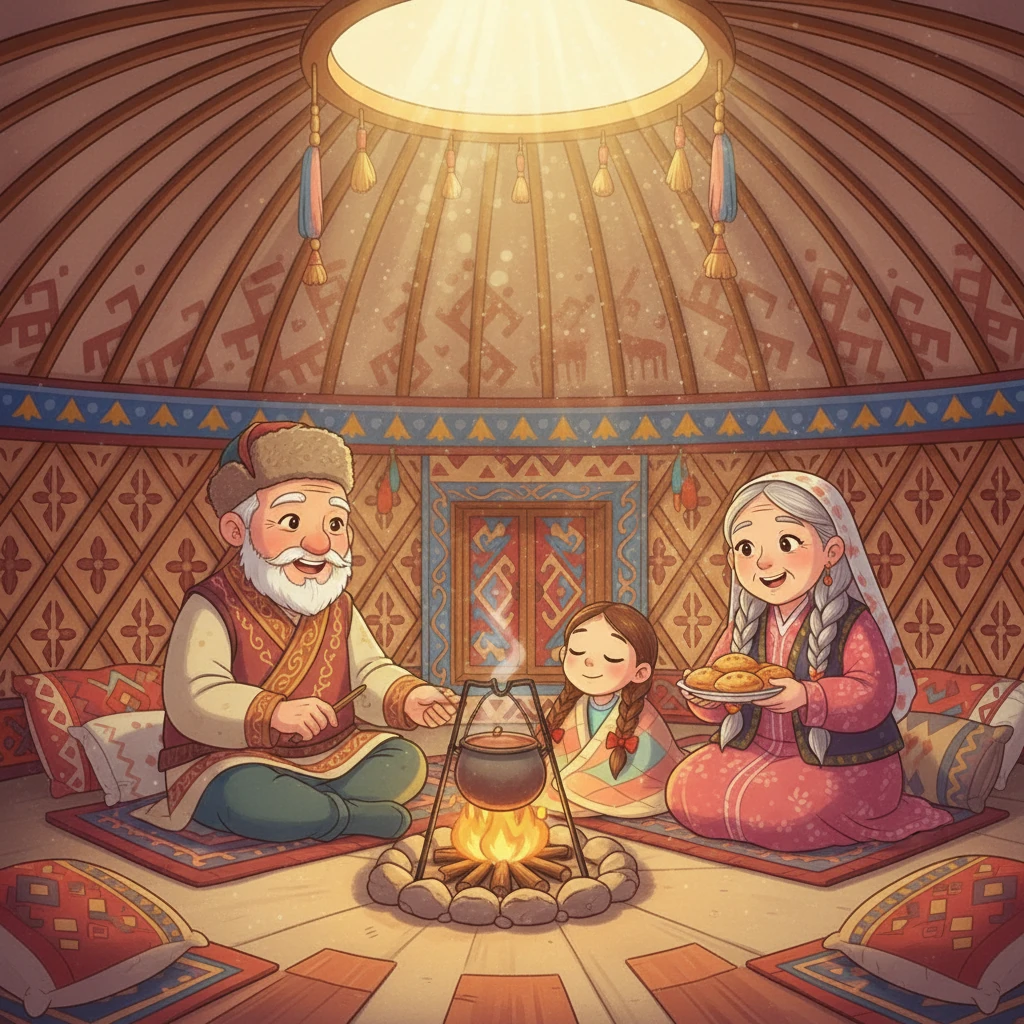 Ее дедушка и бабушка уже сидели у костра, готовя завтрак. Солнце проникало сквозь шанырак, освещая их улыбающиеся лица и создавая теплый, домашний уют.