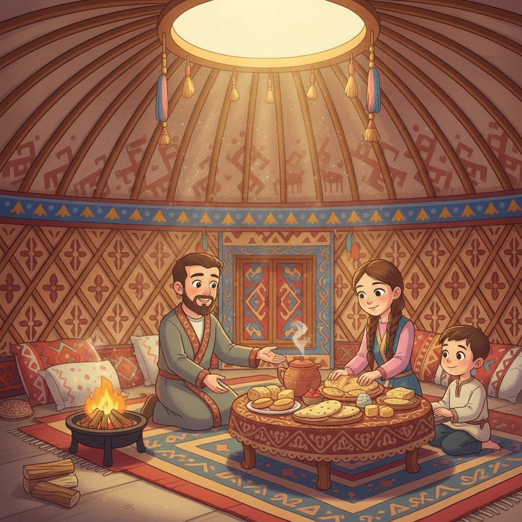 Отец Айсулу, улыбаясь, подбросил дров в костер. Мама раскладывала завтрак на дастархан, приглашая всех к столу. Рядом с ними сидел младший брат Айсулу, Нурсултан, ожидая завтрака.