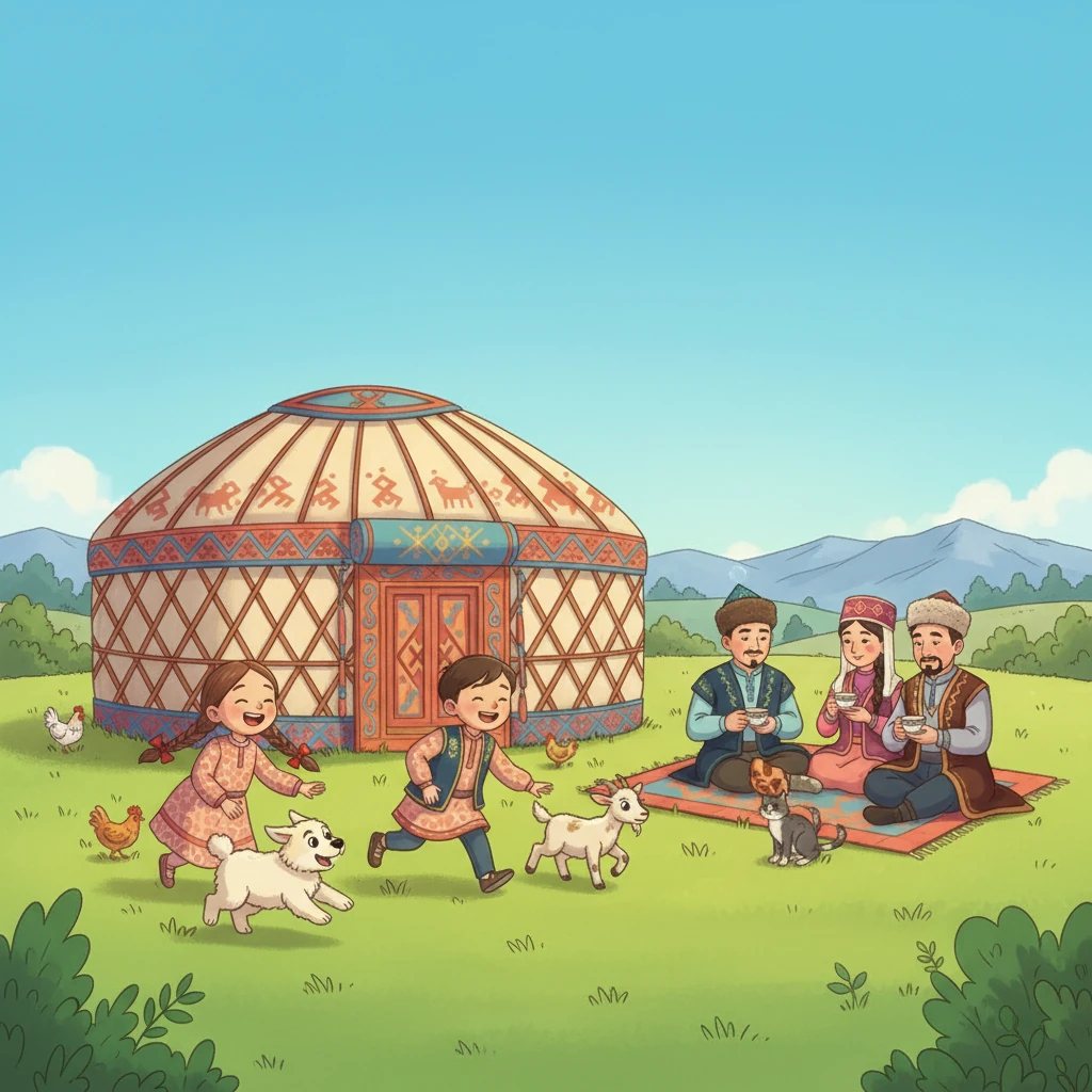 После завтрака вся семья собралась у юрты. Айсулу и Нурсултан играли с домашними животными, бегая по зеленой траве, а взрослые вели неспешные беседы.