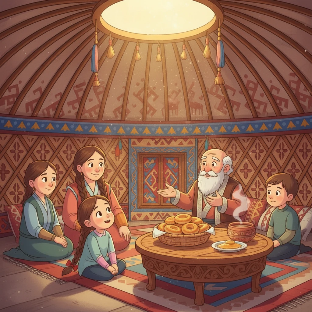 Вечером, когда солнце садилось, семья собралась вместе, слушая истории дедушки. Тени от юрты удлинялись, создавая атмосферу спокойствия и умиротворения.