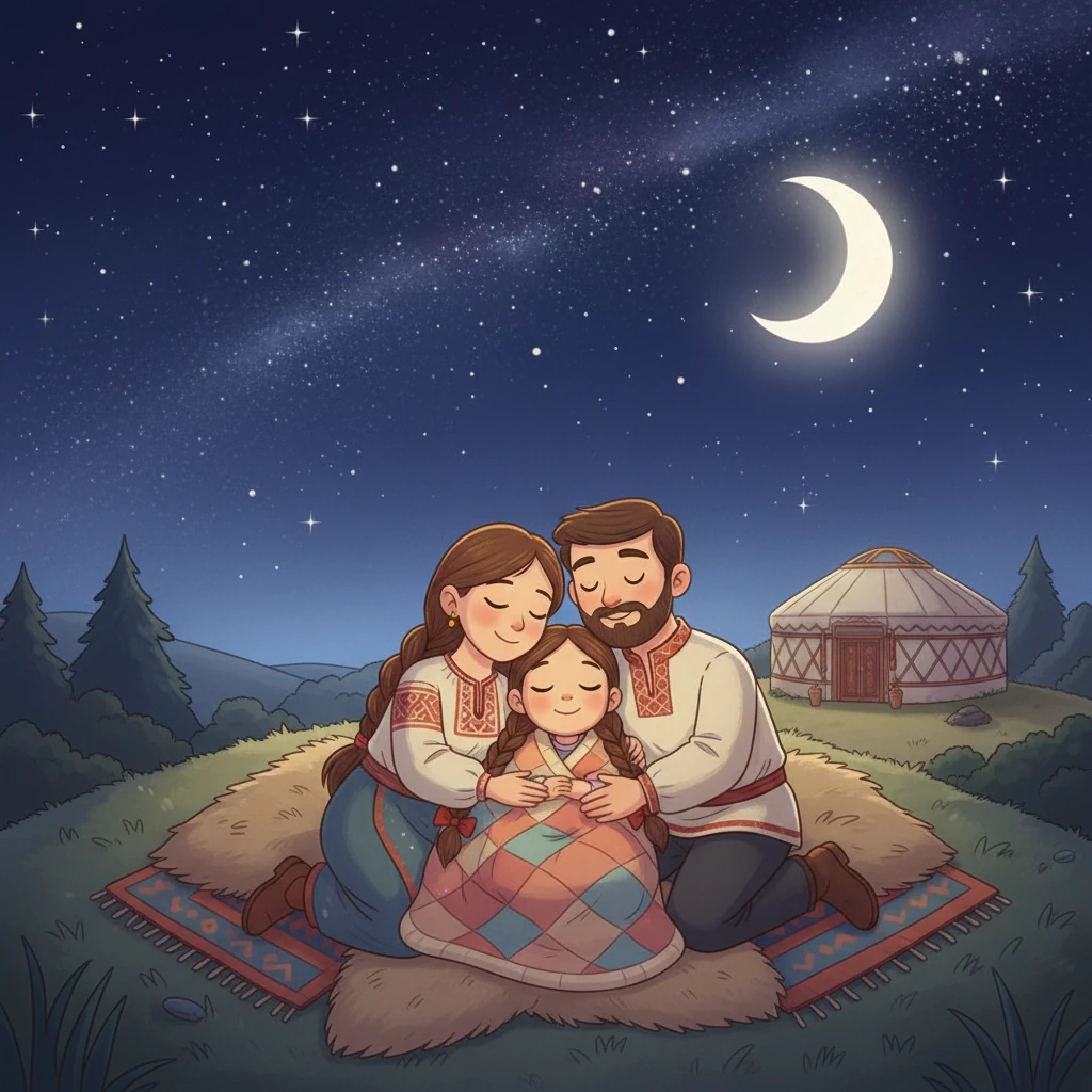 Айсулу, обняв своих родителей, засыпала под звездным небом, чувствуя себя самой счастливой девочкой на свете, в окружении любящей семьи и родного дома.