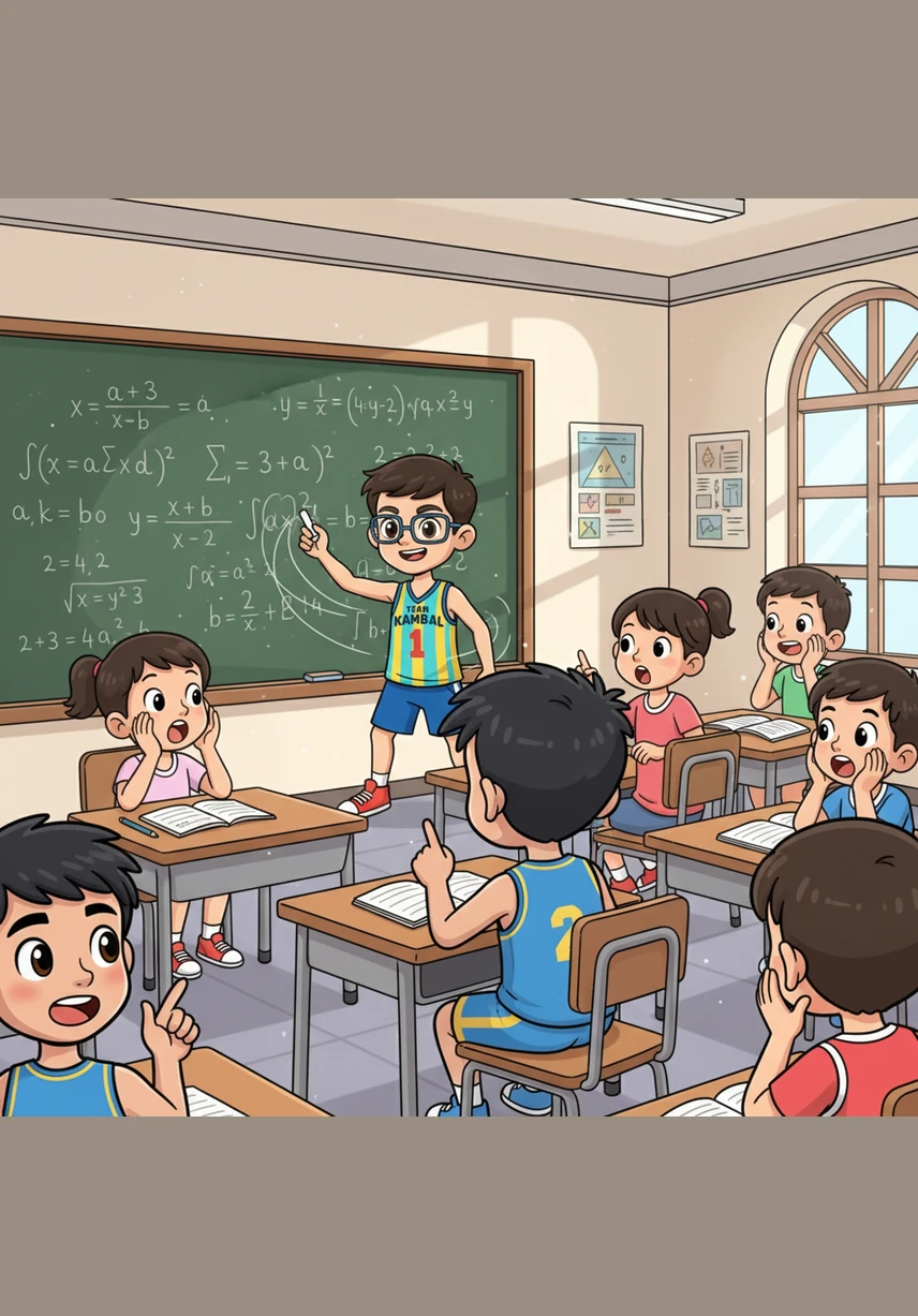 In the classroom, Jojo is known as a math genius who solves complex problems as fast as a lightning bolt. His classmates watch in awe as he quickly fills the blackboard with numbers and equations, finishing every task in the blink of an eye.