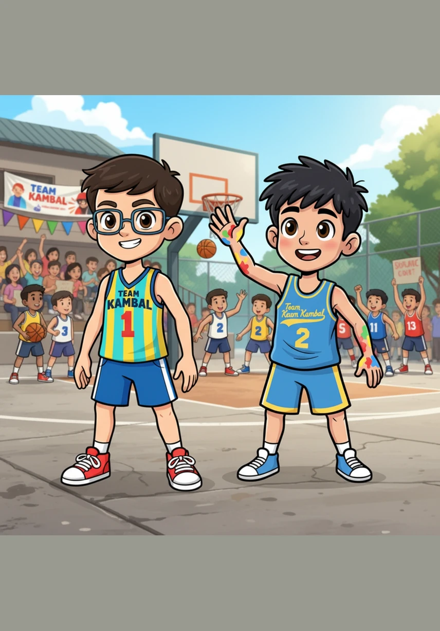One day, a big basketball game is organized in their community, and the coach decides to put the twins on the same team. They put on matching jerseys that say Team Twins, feeling a mix of excitement and nerves as they prepare to play together.