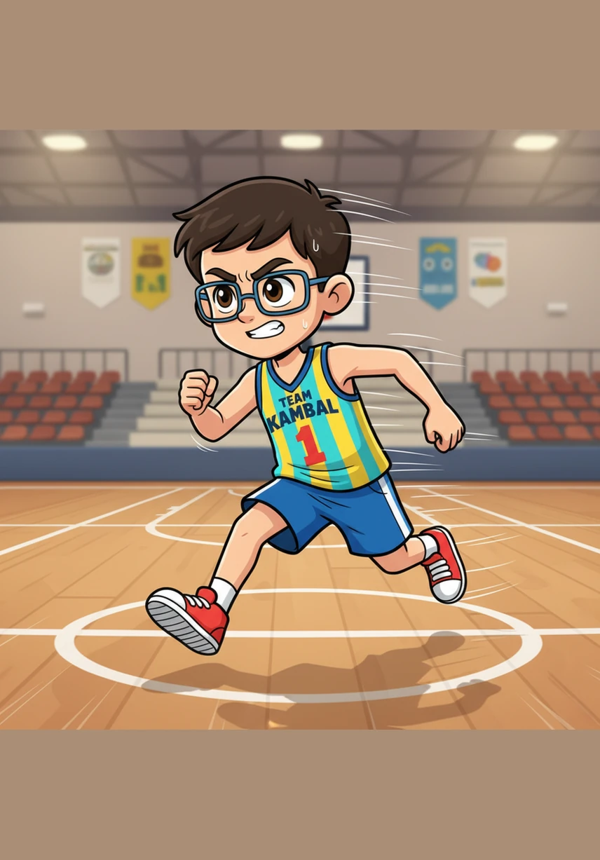 Jojo is incredibly fast on the court, sprinting past opponents and dribbling the ball with intense focus. However, he is moving so quickly that he forgets to look for his teammates, and the other team is closing in to steal the ball.