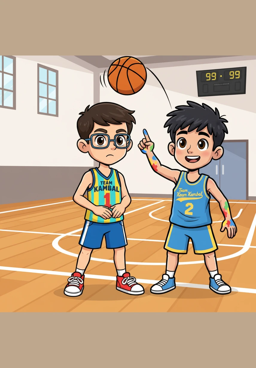 Jayjay notices his brother is in trouble and quickly finds an open spot right under the basketball hoop. He waves his arms and shouts for a pass, using his keen observation skills to find the perfect position to help his team.