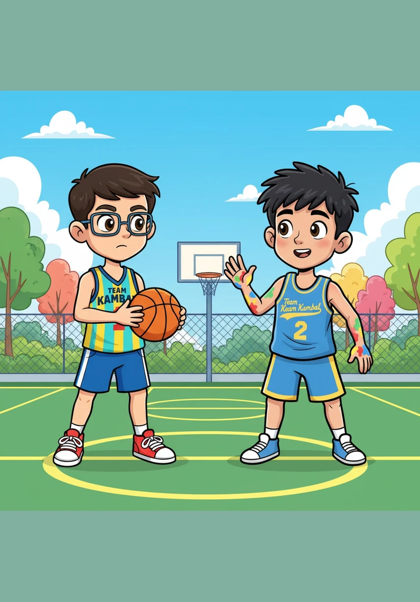 Jojo uses his quick mathematical mind to calculate the exact distance and angle needed for a successful throw. He launches the ball with perfect precision, and it zips through the air like a spark of lightning toward his brother.