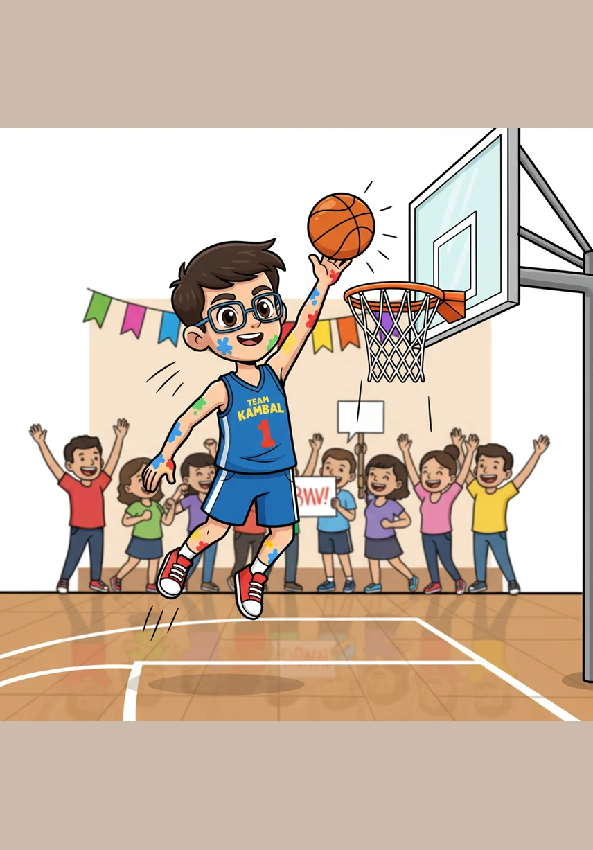 Jayjay catches the ball and leaps toward the basket, his movement as smooth and graceful as a brushstroke on a canvas. He shoots the ball, and it sails through the hoop with a perfect swish as the entire crowd erupts in cheers.