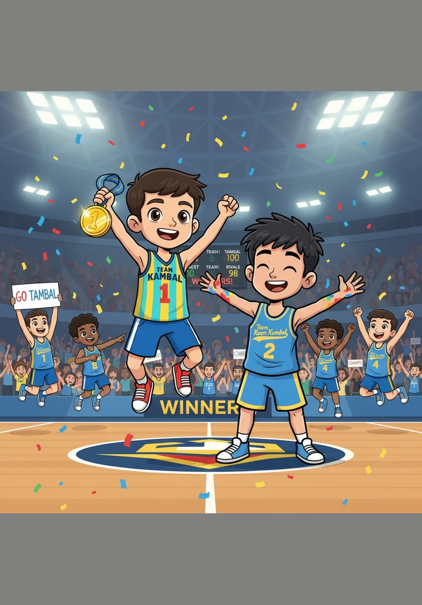 Team Twins wins the game, and the brothers celebrate their big victory with a proud high-five and a trophy. They realize that Jojo’s amazing speed and Jayjay’s perfect positioning were both essential for their success on the court.