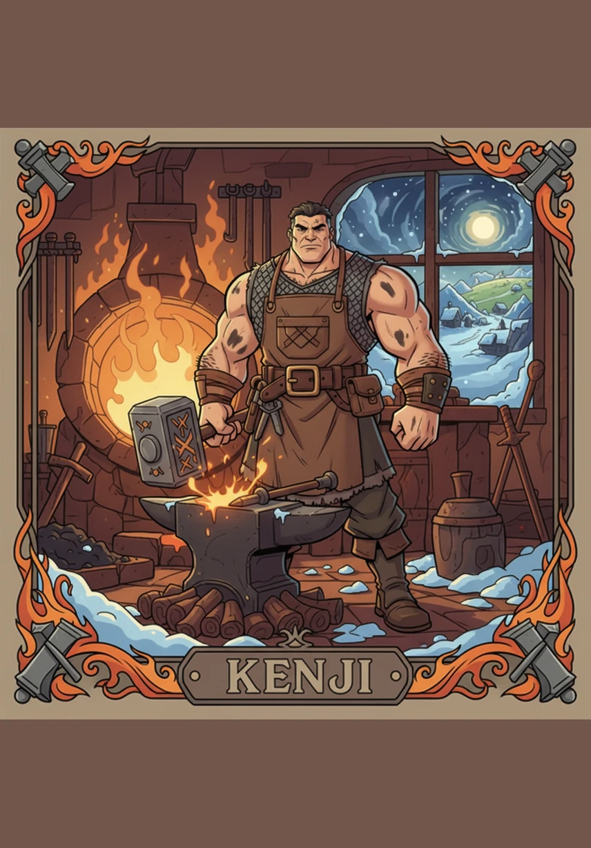 Kenji worked tirelessly in the soot-stained forge of a village trapped in an endless, biting winter. While others huddled for warmth, he dreamed of a heat that could melt the very heavens and bring back the spring.