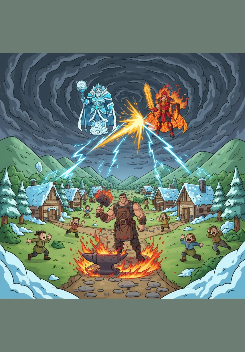 Suddenly, the sky turned pitch black as the Frost King’s shadows descended upon the valley below. Giant monsters made of jagged ice began to encase the village in unbreakable glaciers, freezing the very air people breathed.