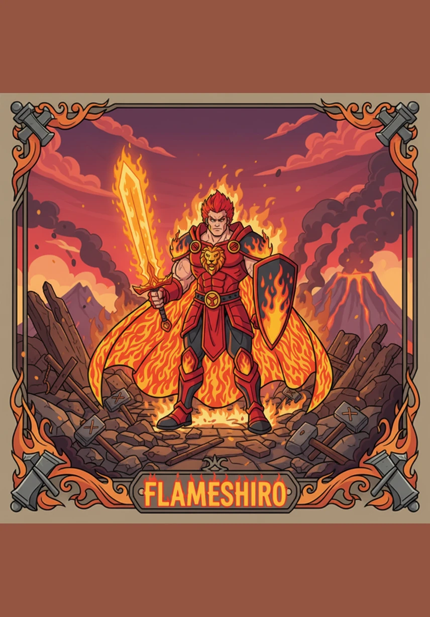 From the ashes emerged a warrior clad in brilliant white armor with glowing crimson accents that flowed like liquid fire. He gripped a blade made of pure solar energy, and the name Flameshiro echoed through the mountains like a battle cry.
