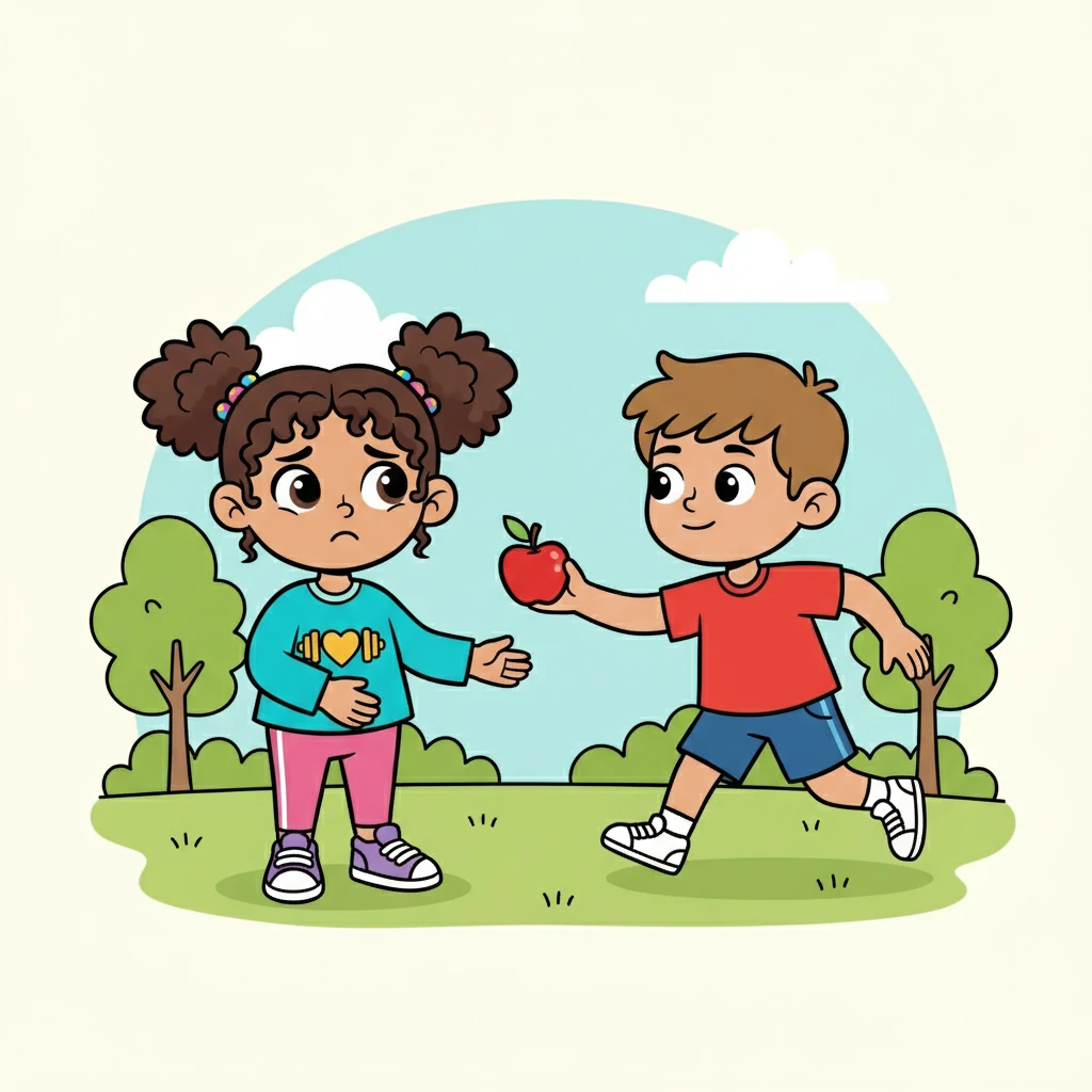 Her friend Sami, noticing her distress, rushed to her side. He offered her a bright red apple. "You don't have to change everything at once," he said with a smile. "Just start small."