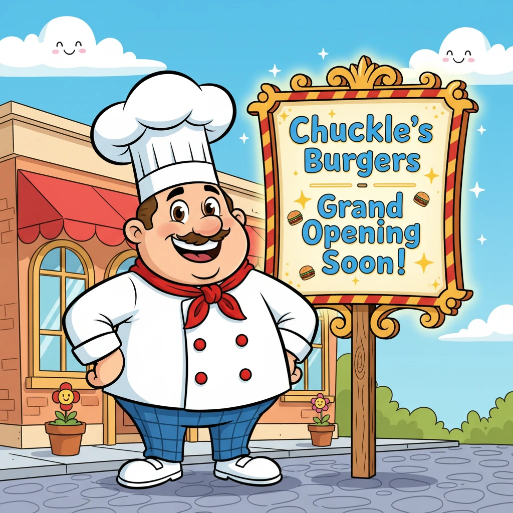 Chef Chuckle, a round, jolly chef with a towering white hat and a perpetually cheerful grin, stands proudly beside a sparkling sign that reads "Chuckle's Burgers - Grand Opening Soon!". His eyes twinkle with excitement as he imagines all the deliciousness he's about to create for the town. He dreams of making the happiest, most scrumptious burgers ever seen.