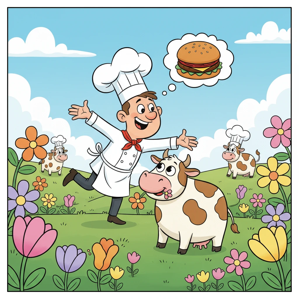With a skip in his step, Chef Chuckle ventures into a whimsical, green pasture where the happiest cows graze amongst oversized flowers. He gently pats a contented cow, imagining the most perfectly seasoned, juicy patty. His mission: find the very best of everything for his special burger.