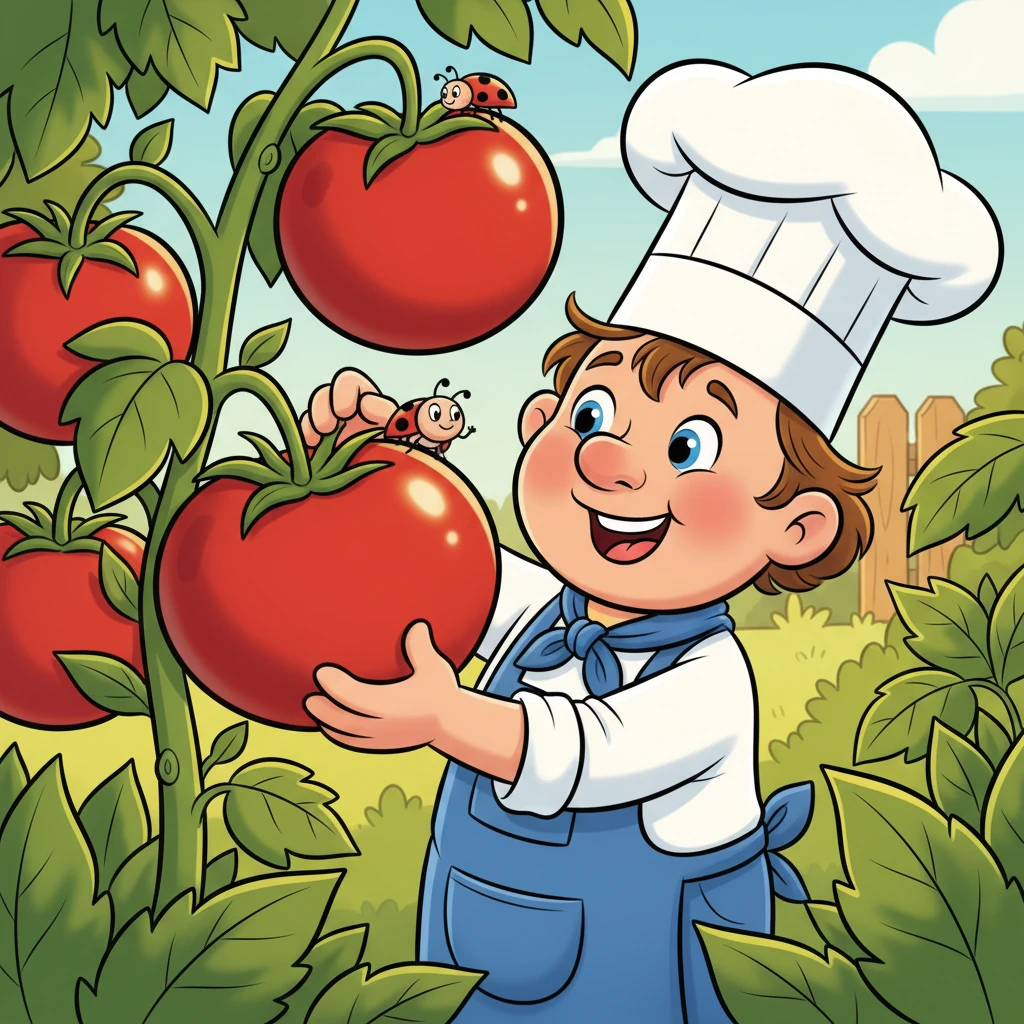Next, Chef Chuckle arrives in a sun-drenched garden, where enormous, ruby-red tomatoes hang heavy on their vines. He carefully plucks the plumpest, ripest one, its skin gleaming with freshness. A mischievous ladybug peeks from behind a leaf, watching his joyful selection.