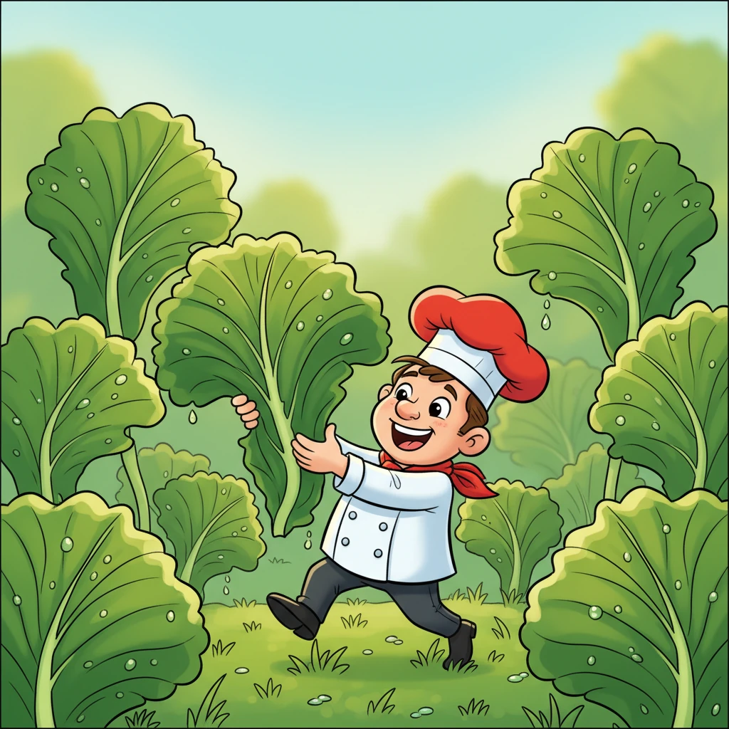 He then bounces into a vibrant, dewy field where gigantic, crisp green lettuce leaves unfurl like cheerful fans. Chef Chuckle selects the most vibrant, crunchy leaf, holding it up with a delighted chuckle. The morning dew still glistens on its perfect surface, promising a refreshing bite.