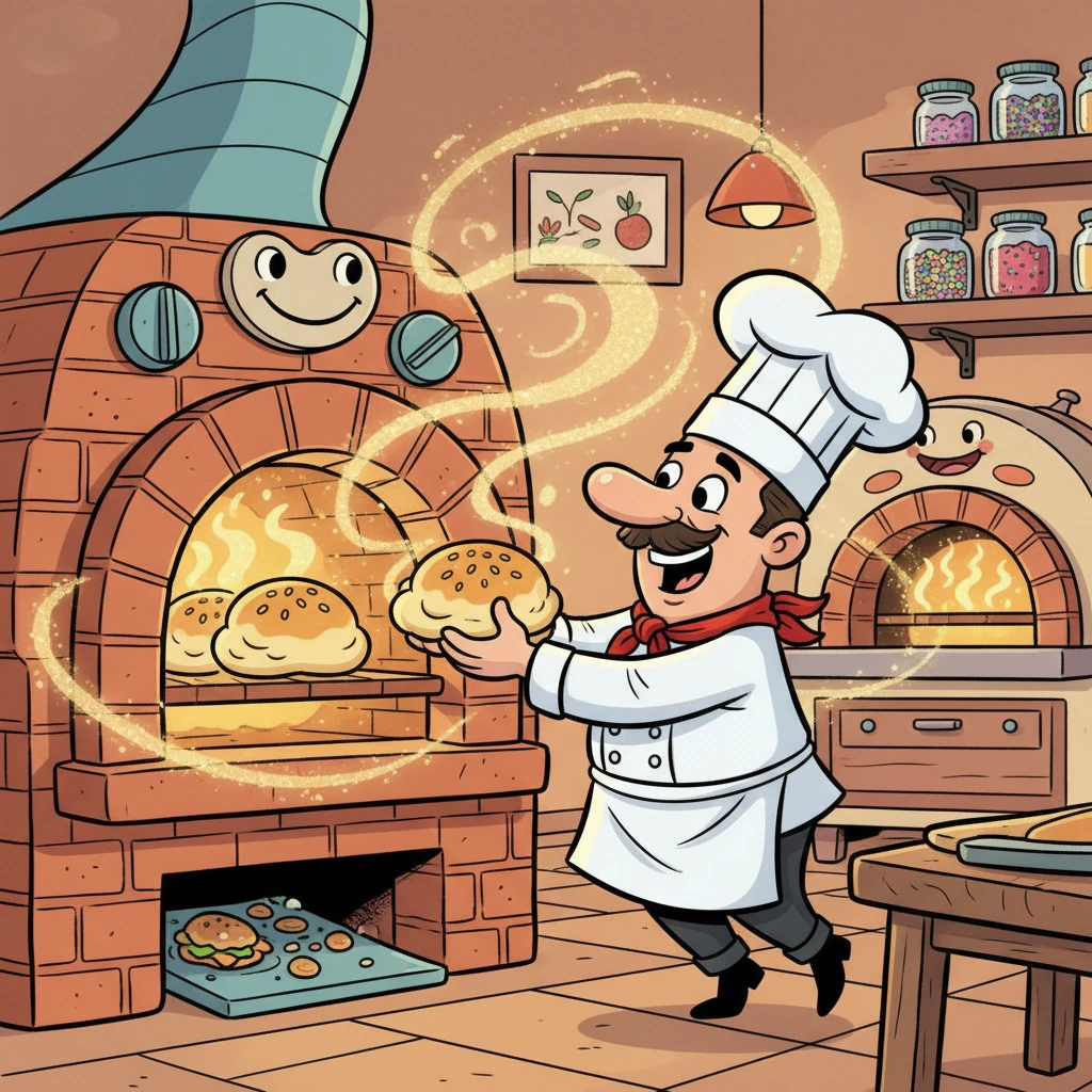 Chef Chuckle visits a magical bakery, where golden, fluffy burger buns rise high in whimsical ovens. He carefully chooses two perfectly toasted, cloud-soft buns, their aroma filling the air with sweet comfort. These buns promise to cradle his delicious creations with tender care.