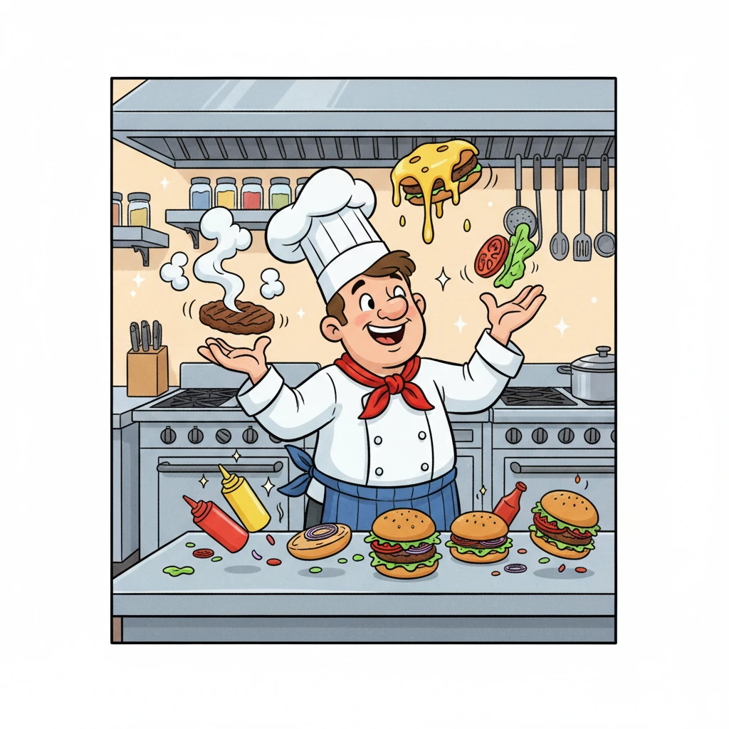 Back in his sparkling kitchen, Chef Chuckle juggles and dances as he expertly assembles all his wonderful ingredients. Patties sizzle with cartoon steam, cheese melts into gooey perfection, and fresh veggies are layered with artistic flair. His kitchen is a symphony of joyful cooking.