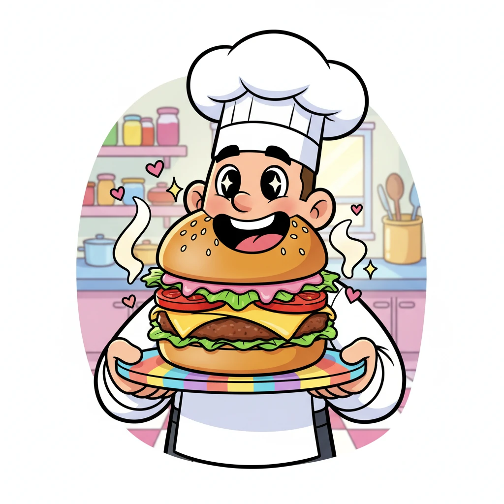 Behold! The "Chuckle Burger" stands tall and proud on a colorful serving tray, a masterpiece of culinary delight. Layers of juicy patty, melted cheese, crisp lettuce, ripe tomato, and secret sauce peek out from between golden buns. It radiates an irresistible aroma, promising pure happiness in every bite.