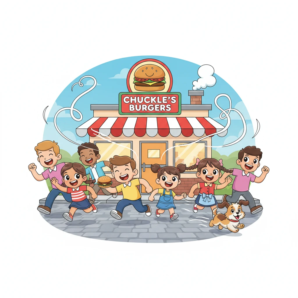 Suddenly, the town's residents, with exaggeratedly wide eyes and rumbling tummies, race towards Chuckle's Burgers, drawn by the incredible scent. Kids, parents, and even the town's playful dog zoom across the street in a blur of excitement. They can't wait to try the legendary Chuckle Burger.