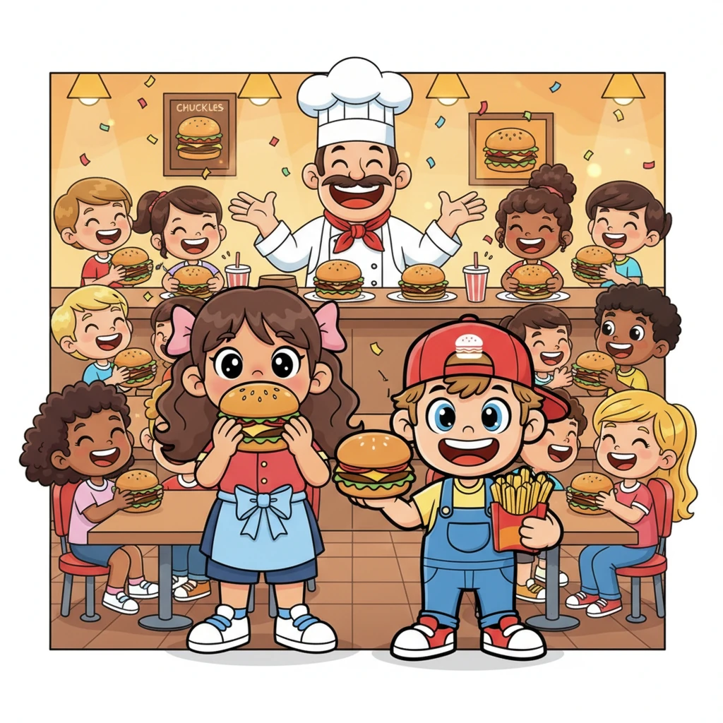 The burger joint is now bustling with laughter and happy munching, filled with smiling faces enjoying their towering Chuckle Burgers. Everyone is having a fantastic time, savoring every delicious bite. Chef Chuckle beams, knowing his dream of bringing joy through food has come true.