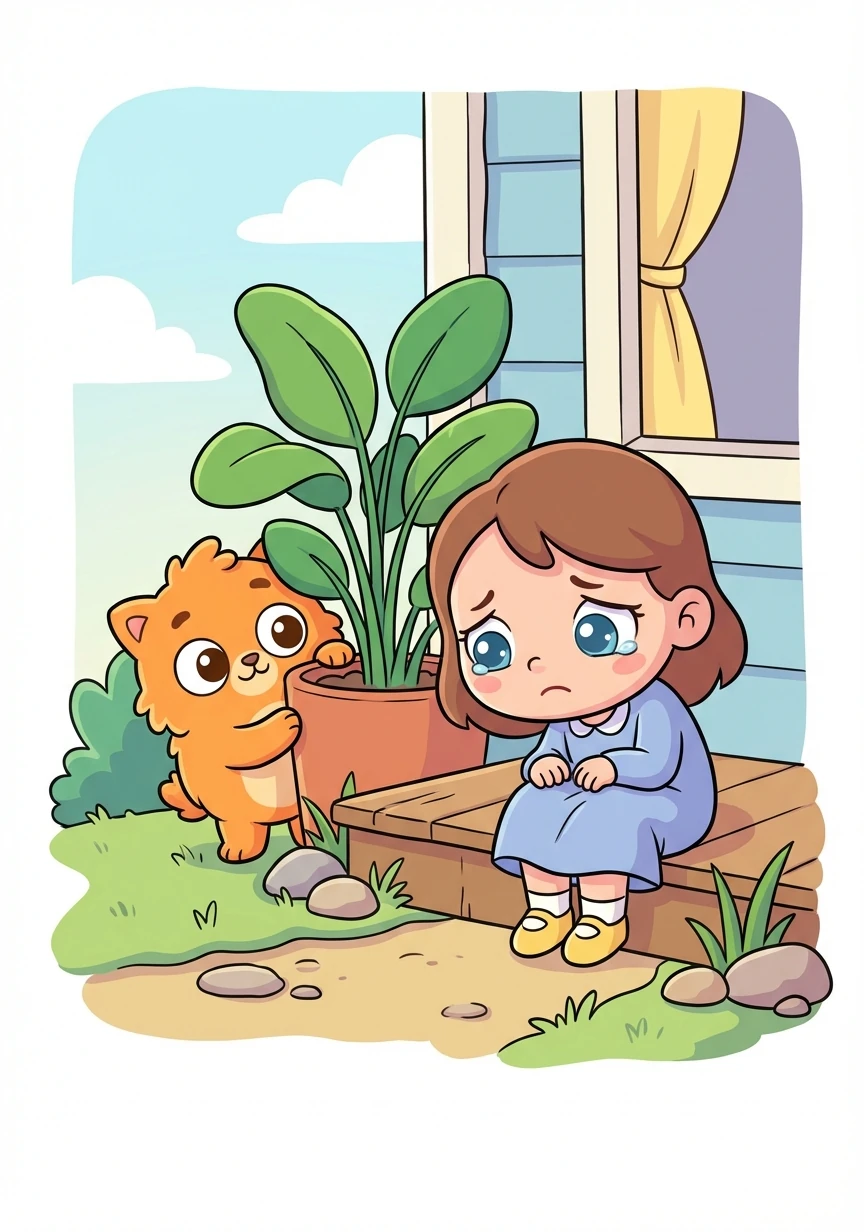 One day, Pip saw a girl sitting on a porch step. Her shoulders were droopy. Her eyes were watery.