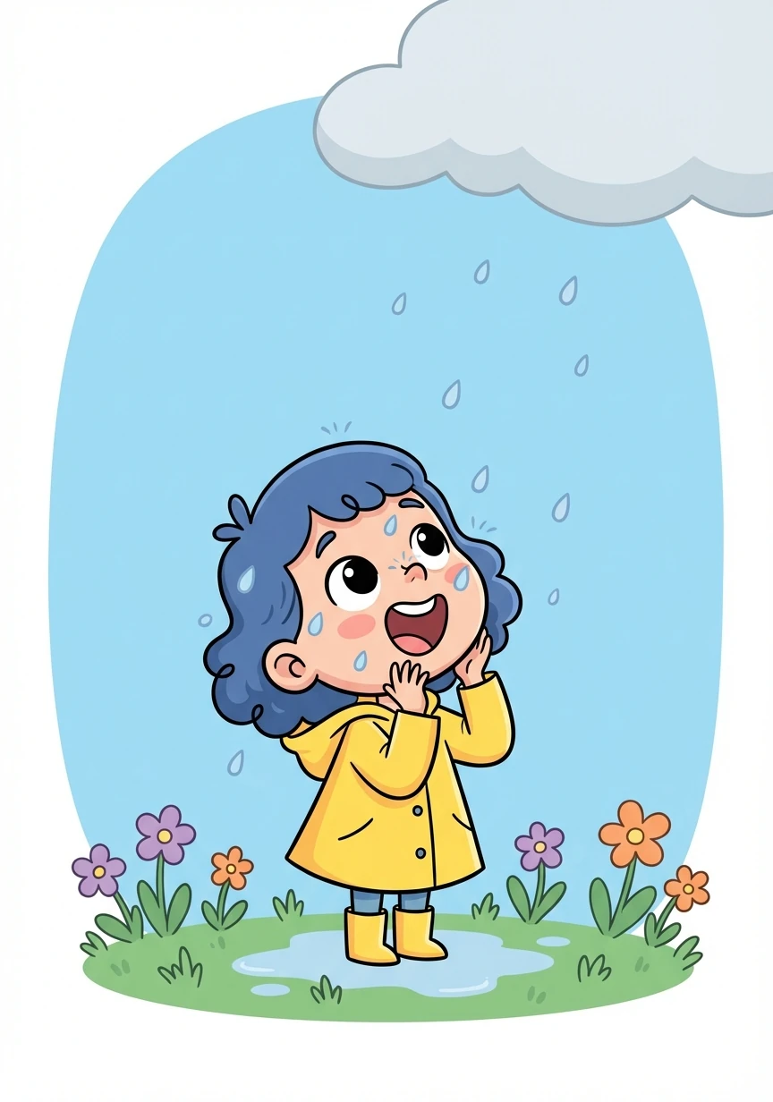 The girl looked up, surprised. She giggled as the gentle rain tickled her nose.