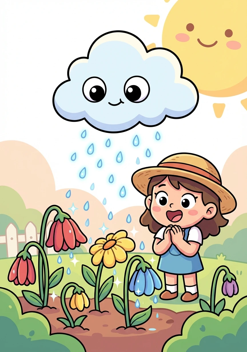 Pip kept raining, just enough to water the flowers in the girl's garden. They had been wilting in the sun.