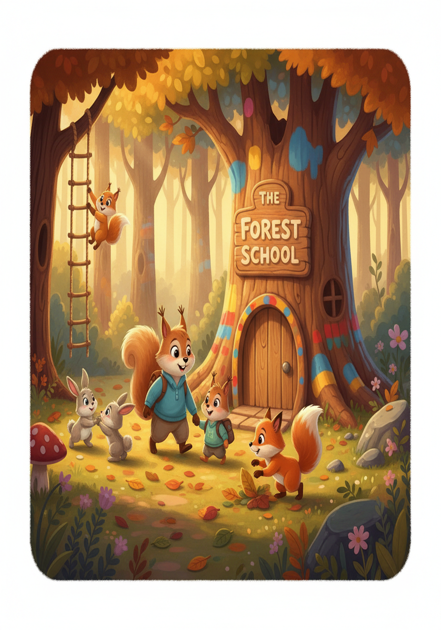 The Forest School loomed before him, a cozy, brightly colored tree trunk with a welcoming sign. Oliver took a deep breath, trying to be brave, and slowly followed his parents toward the entrance. Other young animals, squirrels, bunnies, and even a playful fox, were already gathered outside.