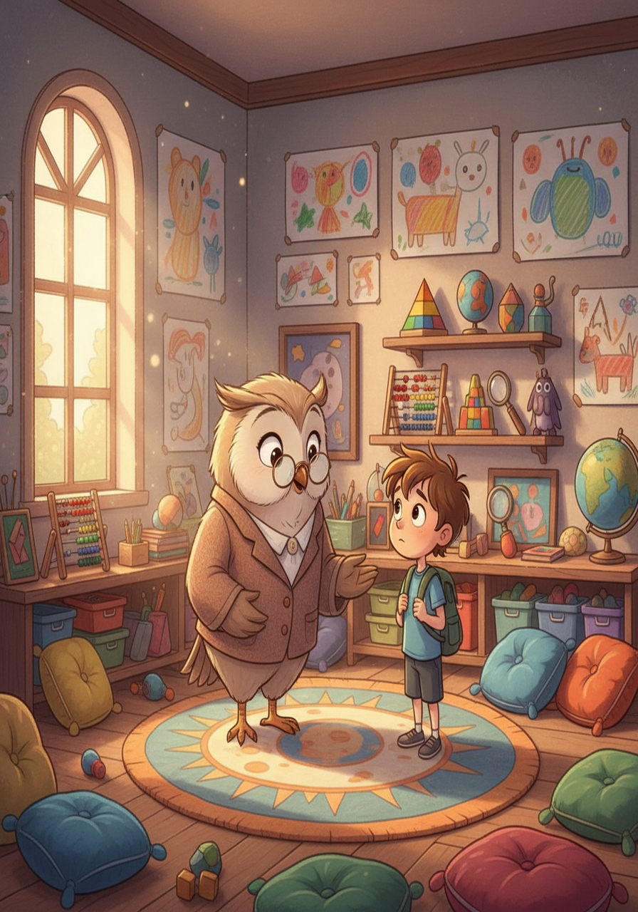 Inside the classroom, Miss Willow, a wise old owl, greeted Oliver with a warm smile. The room was filled with colorful drawings, comfy cushions, and fascinating learning tools. Oliver felt a tiny spark of curiosity starting to flicker amidst his nervousness.