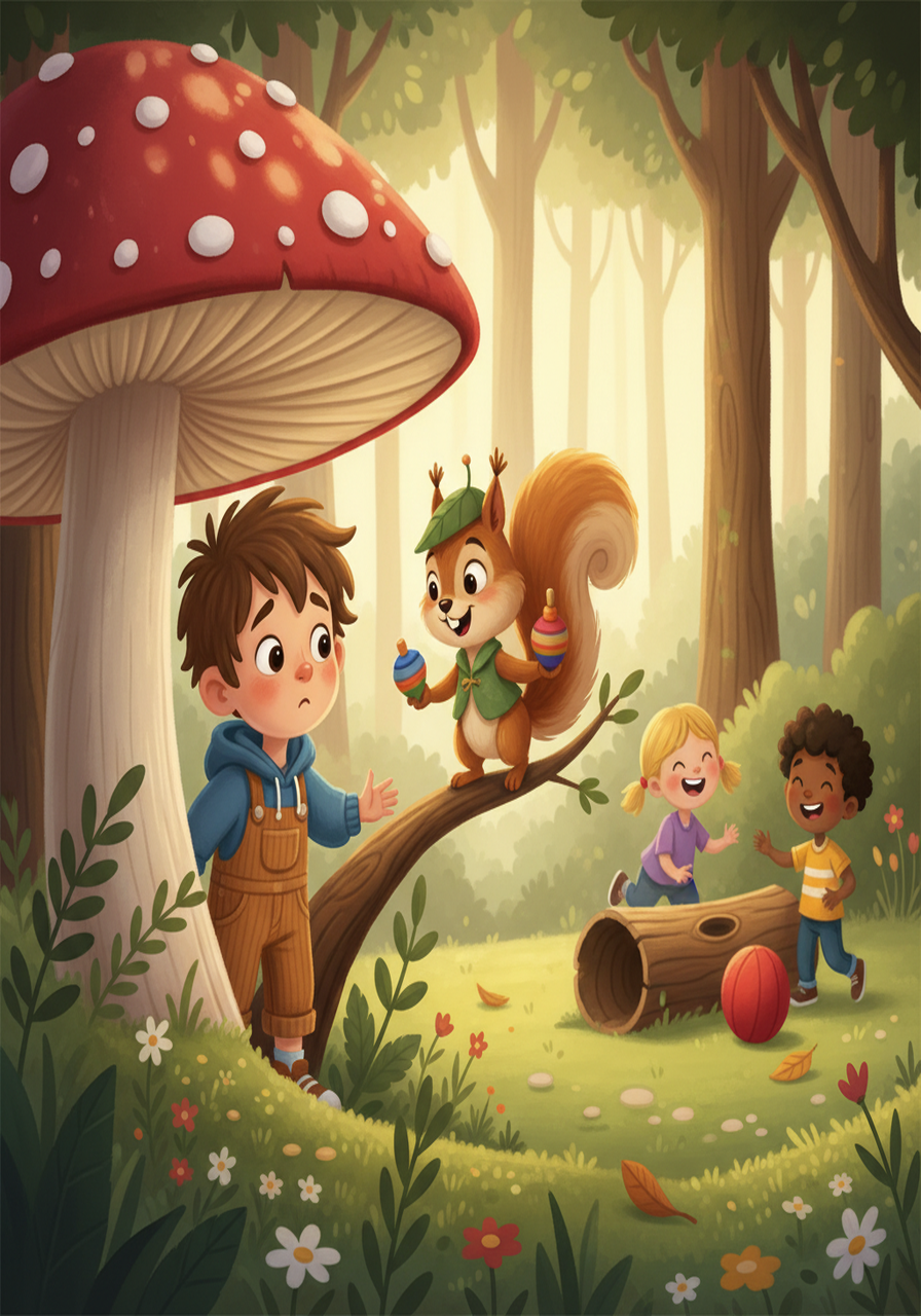 During playtime, Oliver hid behind a large mushroom, feeling too shy to join the other children. A friendly squirrel named Hazel noticed him and offered a gentle invitation to play a game. Oliver hesitated, then cautiously agreed.