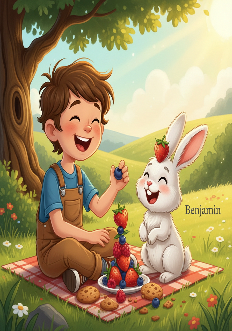 At lunchtime, Oliver shared his berries with a bunny named Benjamin. They laughed together as they tried to build a small tower with their snacks. Oliver realized that making friends wasn't as scary as he thought, and he even smiled for the first time that day.